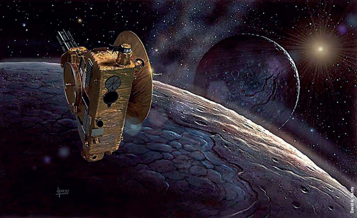 Изображение Плутона и Харона, сделанное в 1991 году, а также 3D- модель космического аппарата New Horizons, которую Дэн Дерба добавил в 2015 году. Обратите внимание на атмосферную дымку, аналогия со спутником Planum, и пропасти на Хароне! (Гуашь + цифра)