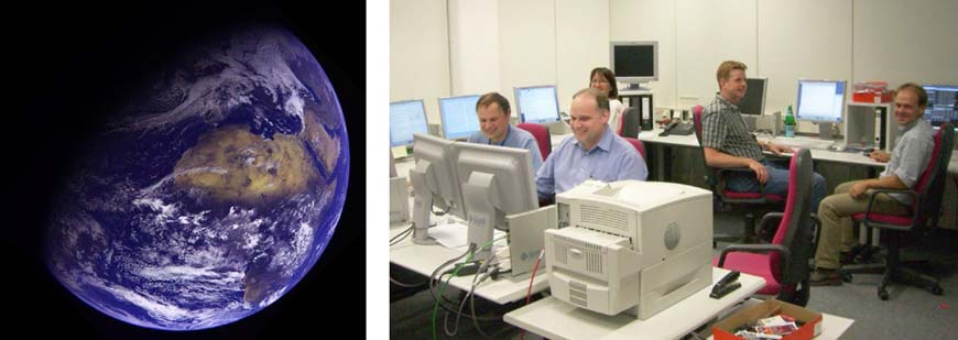 Слева: Второй пролет мимо Земли, изображение, полученное с камеры OSIRIS. Справа: Команда динамики полета на раннем этапе маршевого режима.