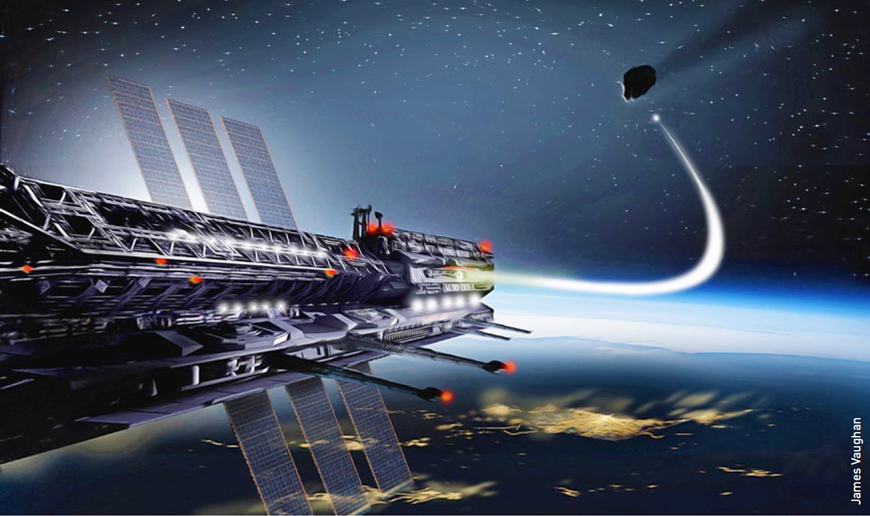 Художественное видение предлагаемой концепции платформы URBOCOP на орбите Земли с функциональными возможностями мониторинга и обороны. Джеймс Воган
