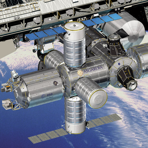 Художественная реконструкция узлового модуля «Асгардия» в месте предполагаемой локализации (справа от отсека Columbus ЕКА) на МКС
