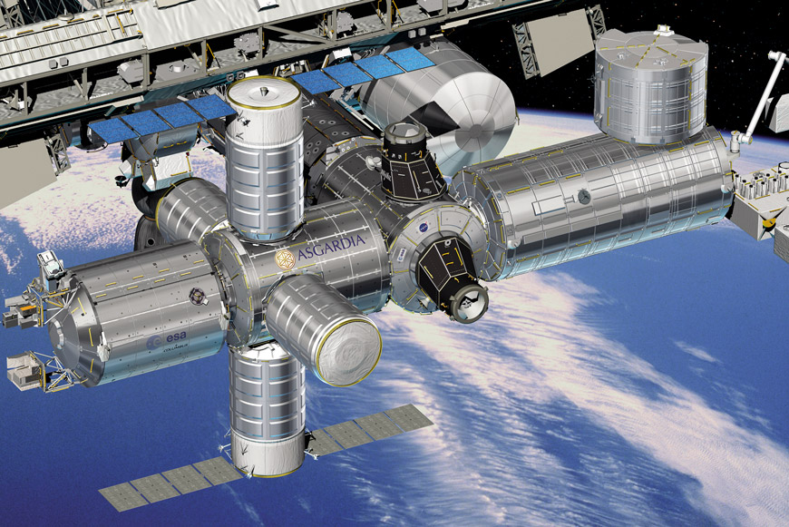 Художественная реконструкция узлового модуля «Асгардия» в месте предполагаемой локализации (справа от отсека Columbus ЕКА) на МКС