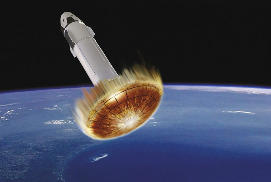 Рис. 1. Возвращение второй ступени РН Falcon 9 при помощи донного теплозащитного экрана, присоединяемого к ступени после старта на орбите