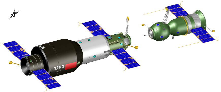 Рис. 1. Орбитальная космическая станция «Салют» и космический корабль «Союз»