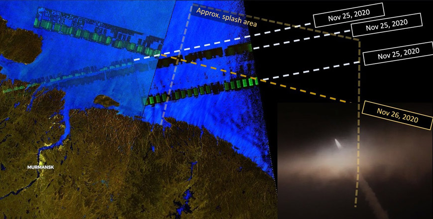 Рис. 7. Радиолокационный снимок Баренцева моря с отметками от корабельных РЛС в ходе испытаний ракеты «Циркон»