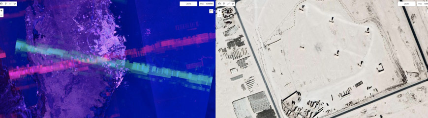 Рис. 2. Батарея ЗРК Patriot на авиабазе Аль-Удейд, Катар: слева – Х-образная отметка, полученная Харелом Даном; справа – снимок позиции ЗРК Patriot на этой авиабазе, полученный КА ОЭН