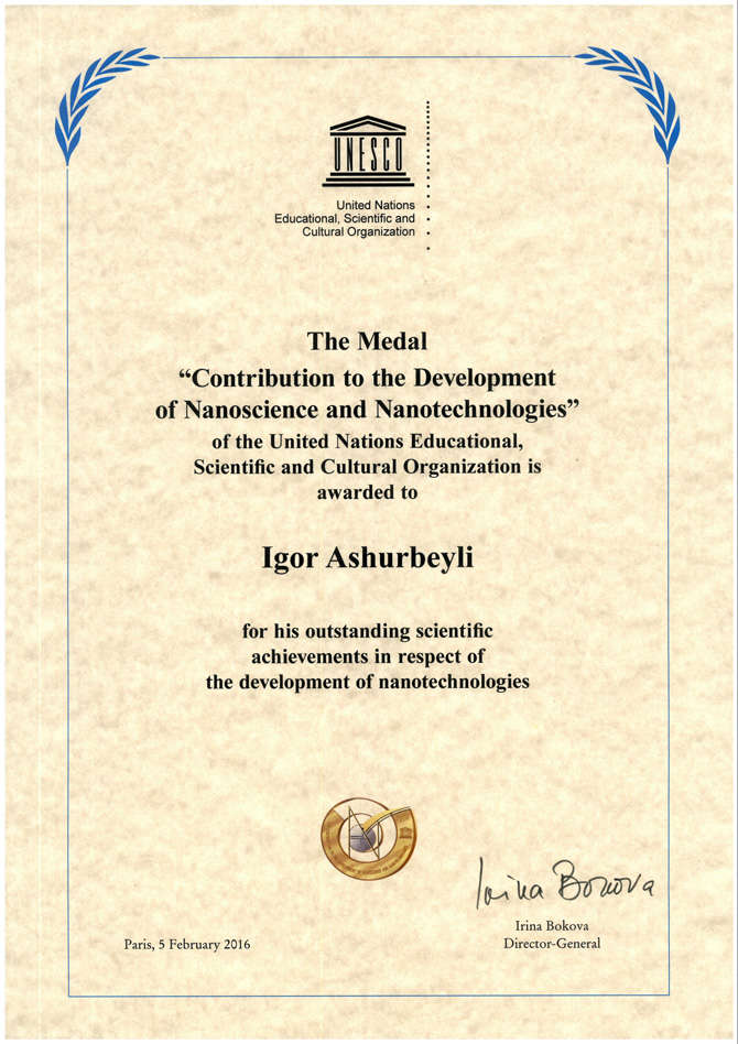 Диплом медали «За вклад в развитие нанонауки и нанотехнологий» за подписью генерального директора Организации ООН по вопросам образования, науки и культуры Ирины Боковой