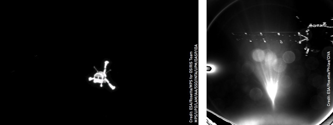 Слева - последнее изображение, полученное Philae от Rosetta спустя несколько секунд после отделения.  Справа - изображение Philae во время спуска на поверхность кометы, полученное с камеры OSIRIS, установленной на Rosetta. Этот снимок подтвердил, что шасси развернулись