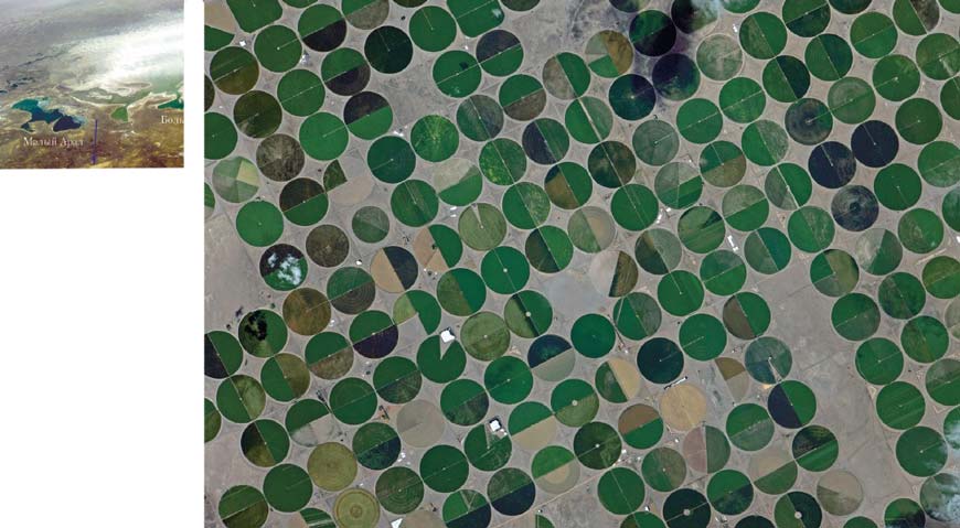 Пыльная буря Арала. На фото: Фрагмент пустыни в Саудовской Аравии с артезианскими скважинами и круговыми полями, на которых собирают 2–4 урожая в год