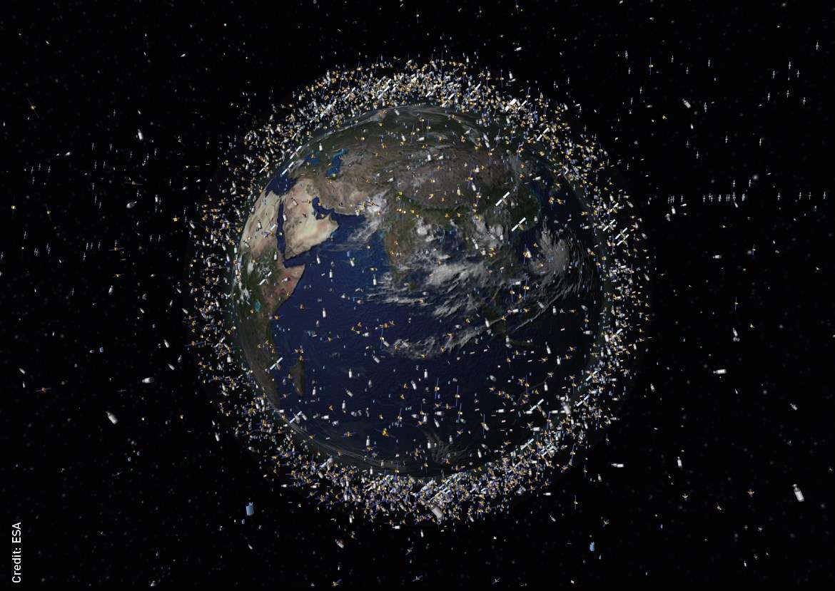 Иллюстрация на тему космического мусора в 2008 году; объекты, загромождающие низкую околоземную орбиту, фактический размер не показан. Авторское право: ЕКА
