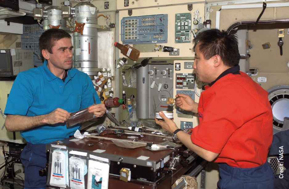7-я экспедиция на МКС: командир Юрий Маленченко (слева) и научный сотрудник Эд Лу на снимке в галере МКС, пакеты с посудой прикреплены к столу и летающие бутылки с приправами. Авторское право: НАСА