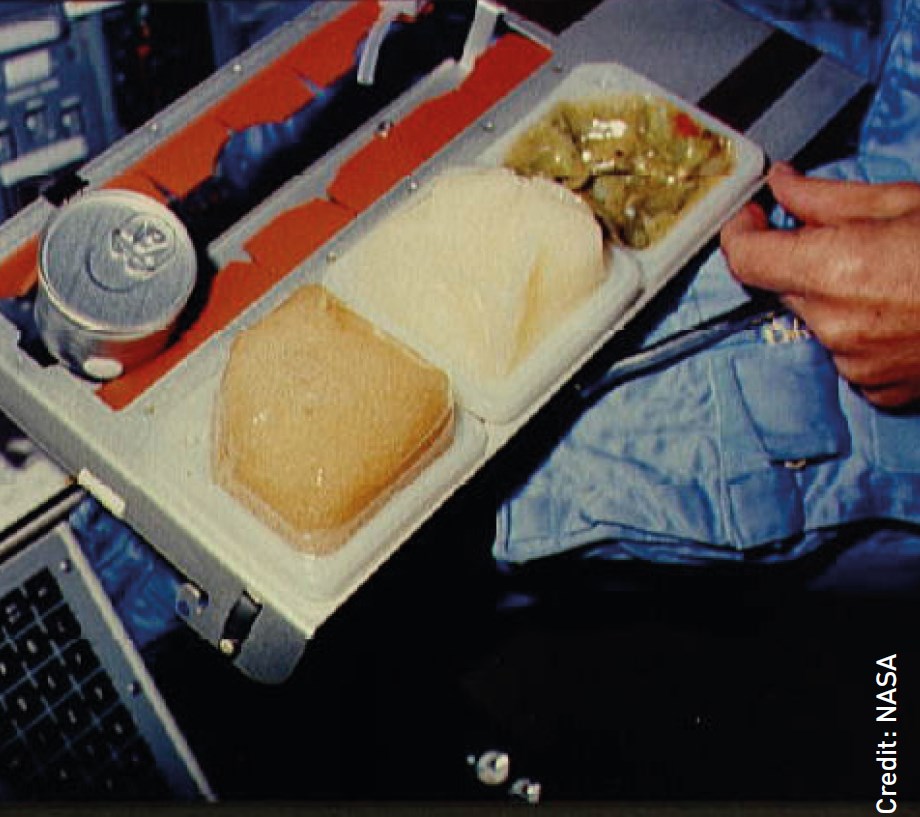 «Питание А» для космического полета Gemini в середине 1960-х: пищевые кубики справа, фруктовый сок находится в центре. Авторское право: НАСА