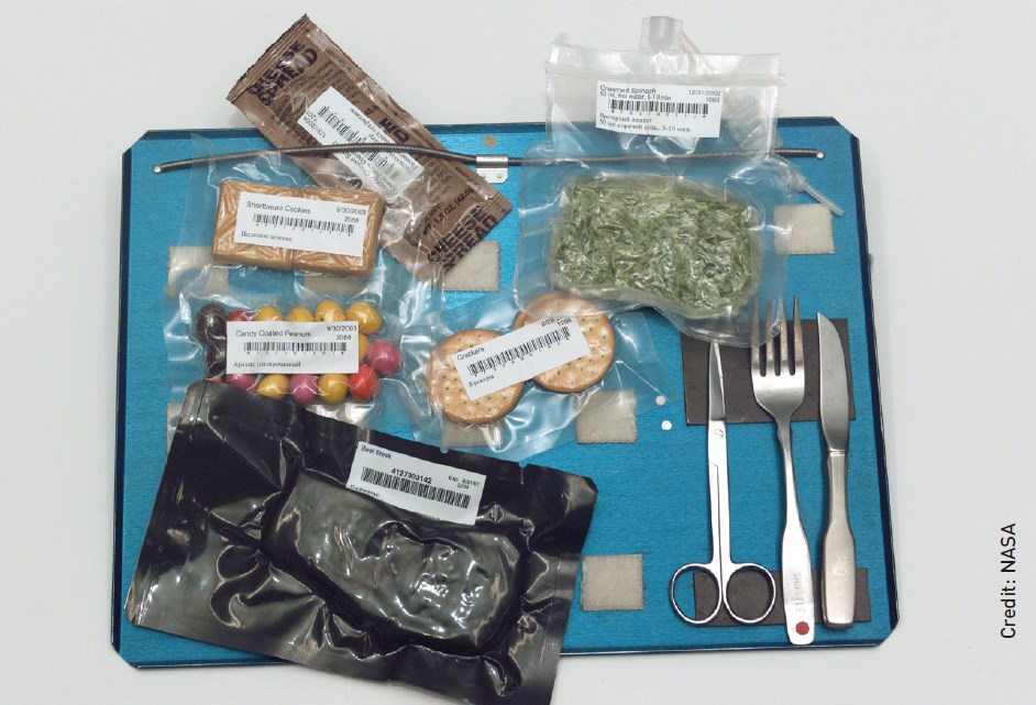 Набор продуктов питания и посуда на МКС, в том числе, упаковки M & Ms, песочное печенье, крекеры, пюре из шпината и стейк. Авторское право: НАСА