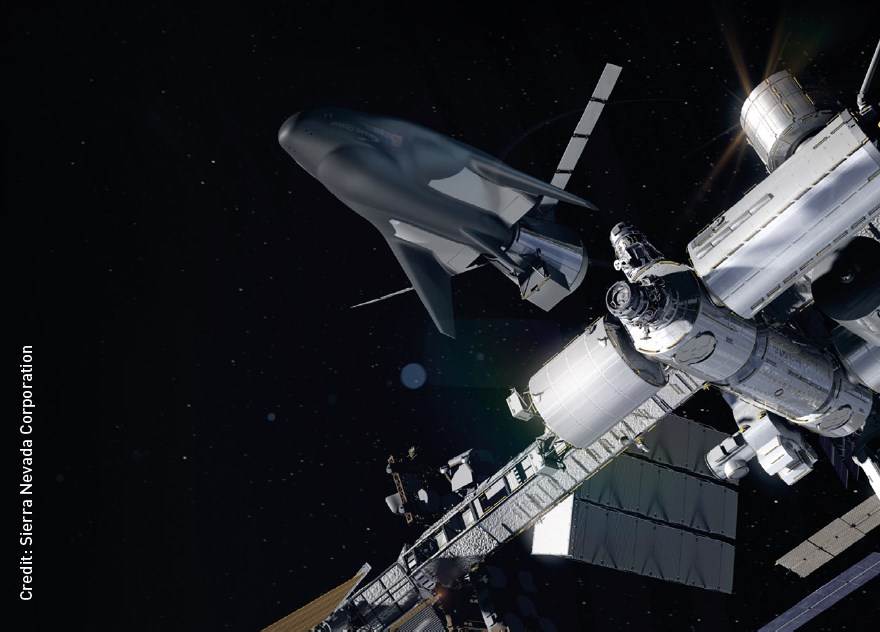 КЛА Dream Chaser возвращается на Землю. Возможность приземления на космодроме Хьюстона. Авторское право: Корпорация Sierra Nevada Corporation