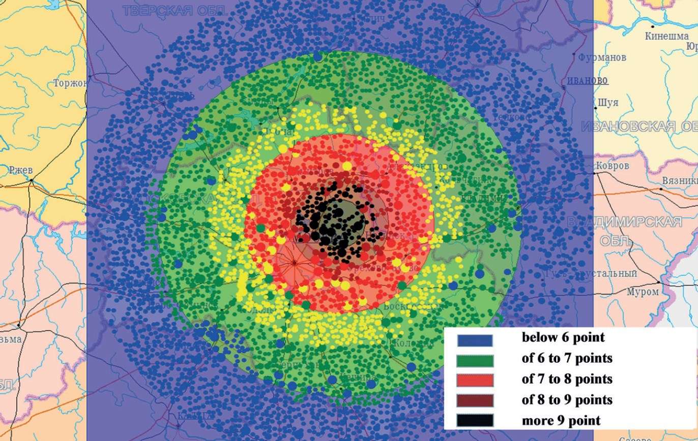 Сейсмическое поле после удара астероида  на территории Московского региона