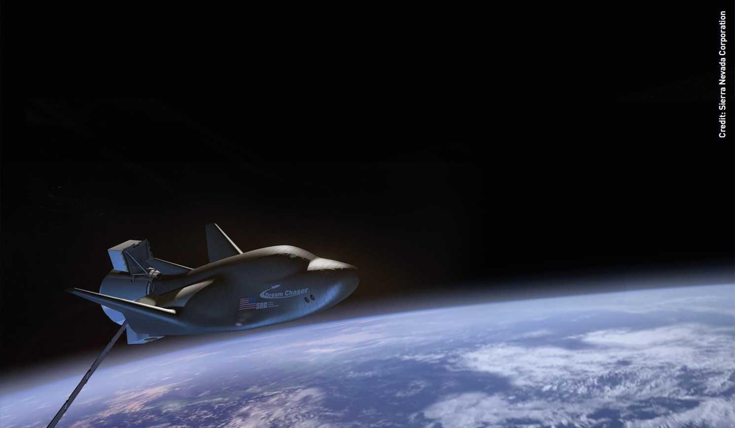Беспилотный космический корабль Dream Chaser корпорации Sierra Nevada Corporation на орбите. Авторское право: Корпорация Sierra Nevada Corporation